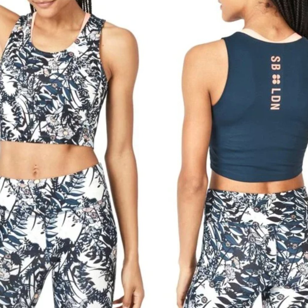 SWEATY BETTY Cropped High-Neck Tank, Blue Floral Pattern, Size S